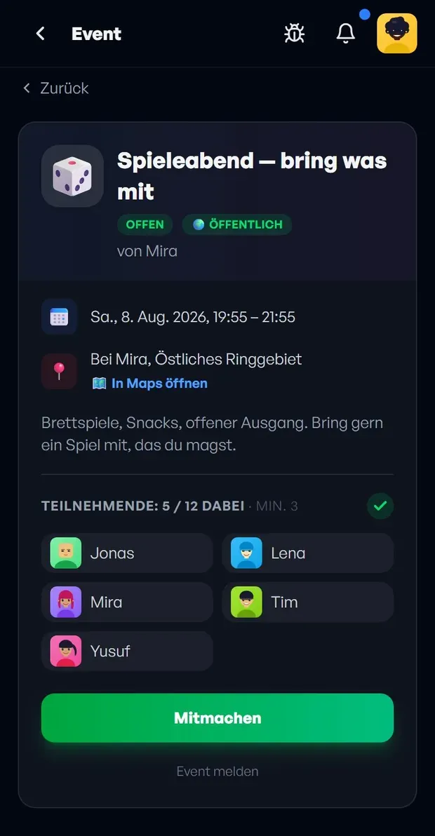 Ein Event mit Datum, Ort, Beschreibung und den Teilnehmenden