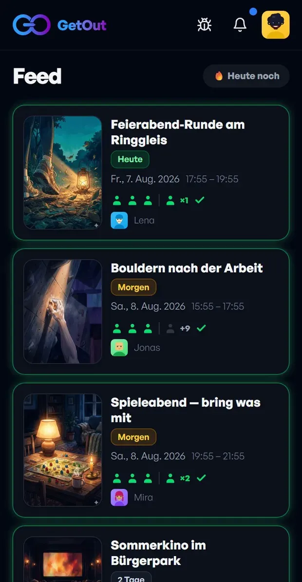 Der Feed zeigt Events der naechsten Tage mit Bild, Datum und wer dabei ist