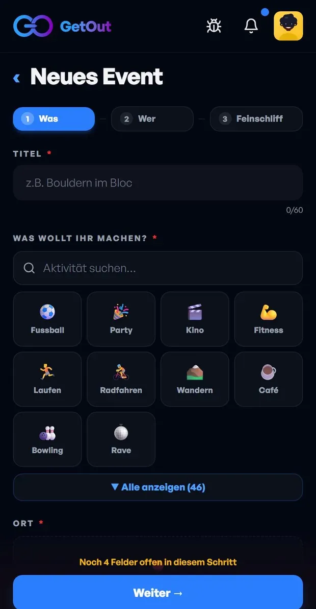 Formular fuer ein neues Event mit Titel, Aktivitaet und Ort